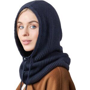 Women Scarf Hat Balaclava Beanie Skull Cap with Drawstring Warm Hat Navy